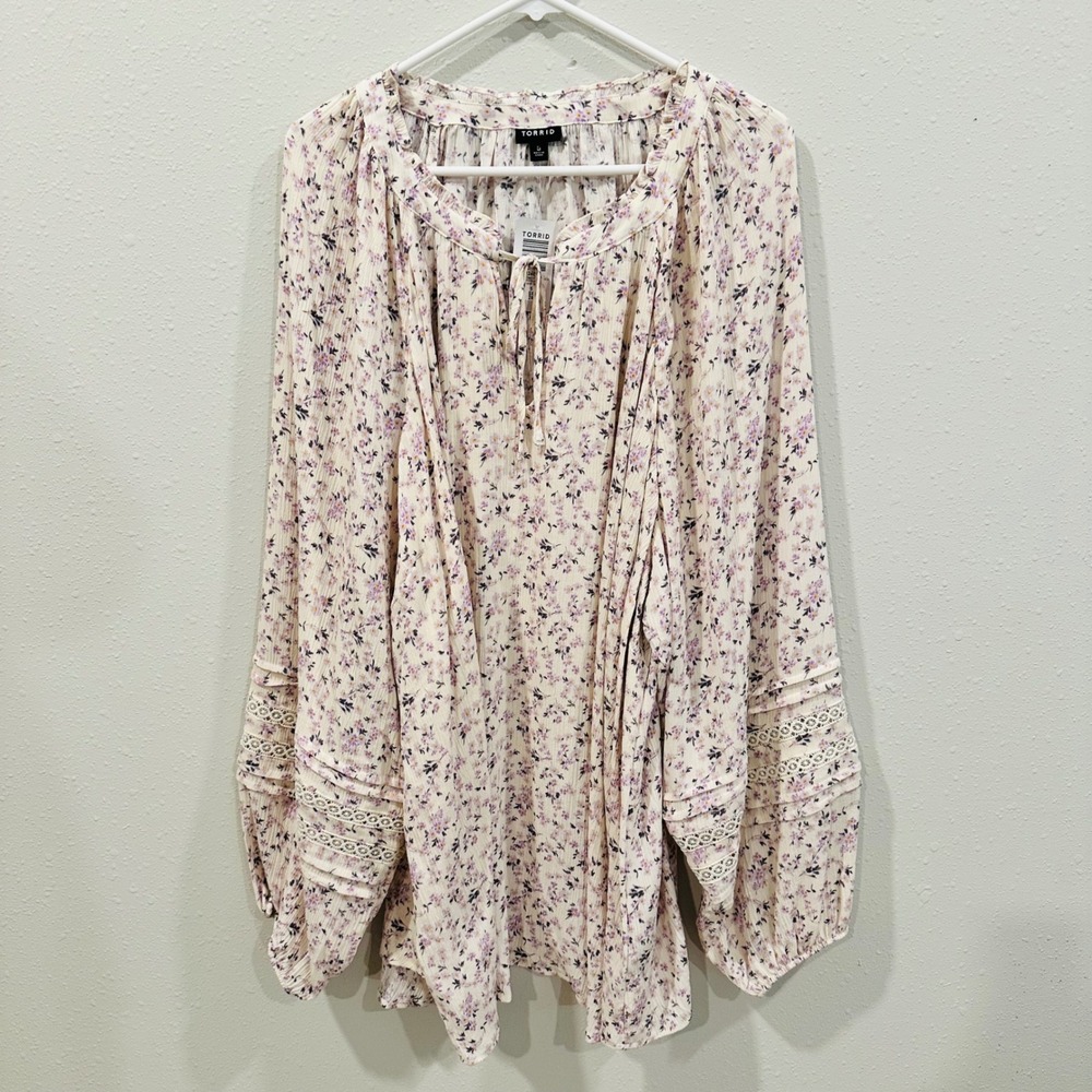 Torrid Womens 5X Cream Floral Print Long Sleeve Gauze Tie Neck Dress - NWT Boho